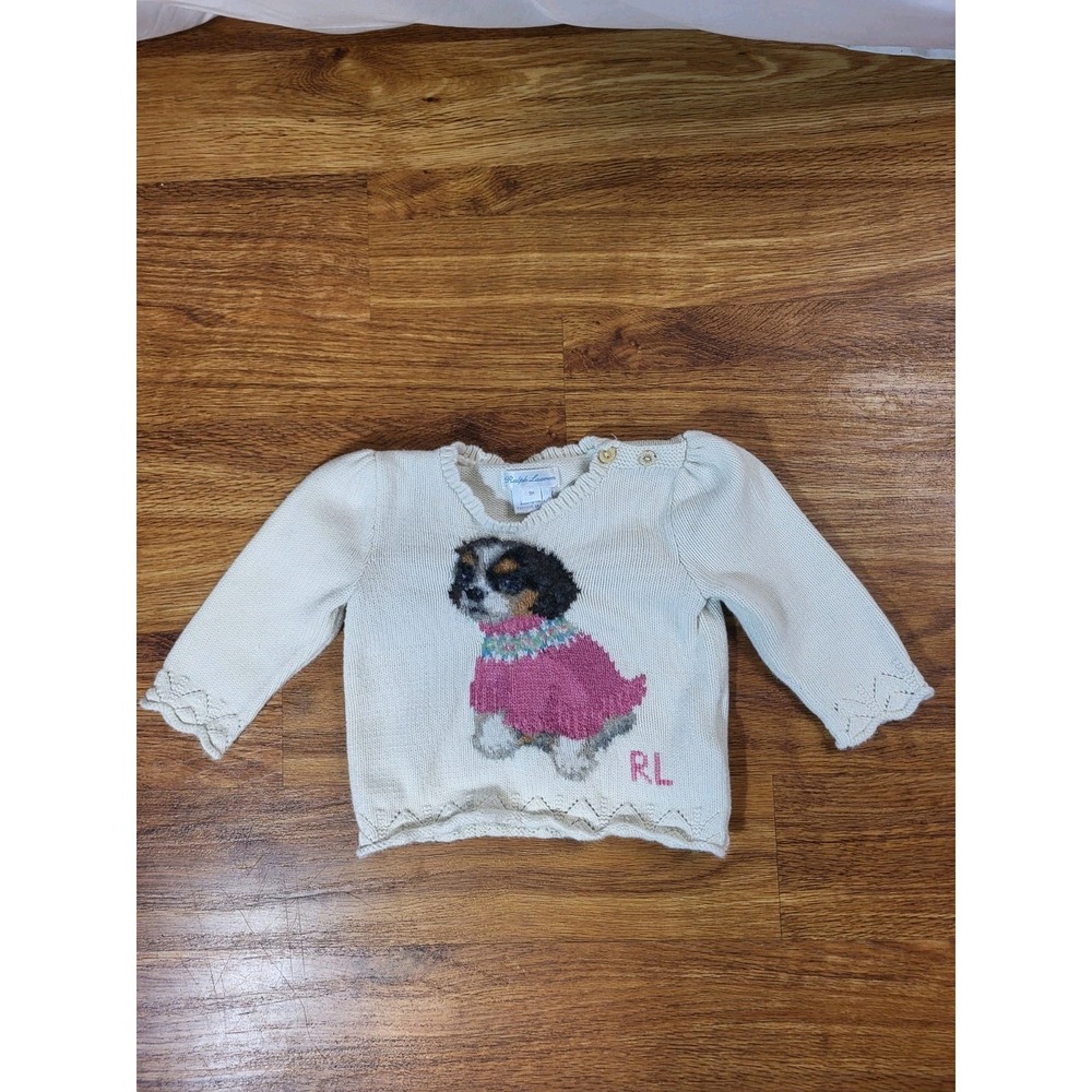 Polo Ralph Lauren King Charles Spaniel Puppy Dog Baby Girls Sweater Sz 9 Month